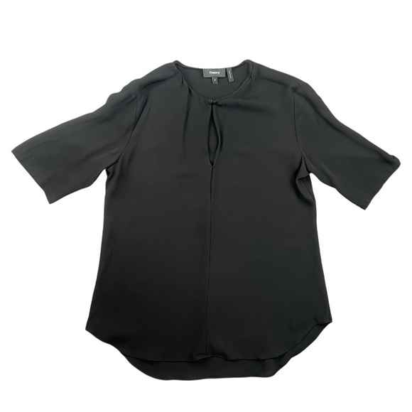 Theory Black Antazie Silk Keyhole Neck Crew Neck Short Sleeve Top In Size P - Picture 3 of 8